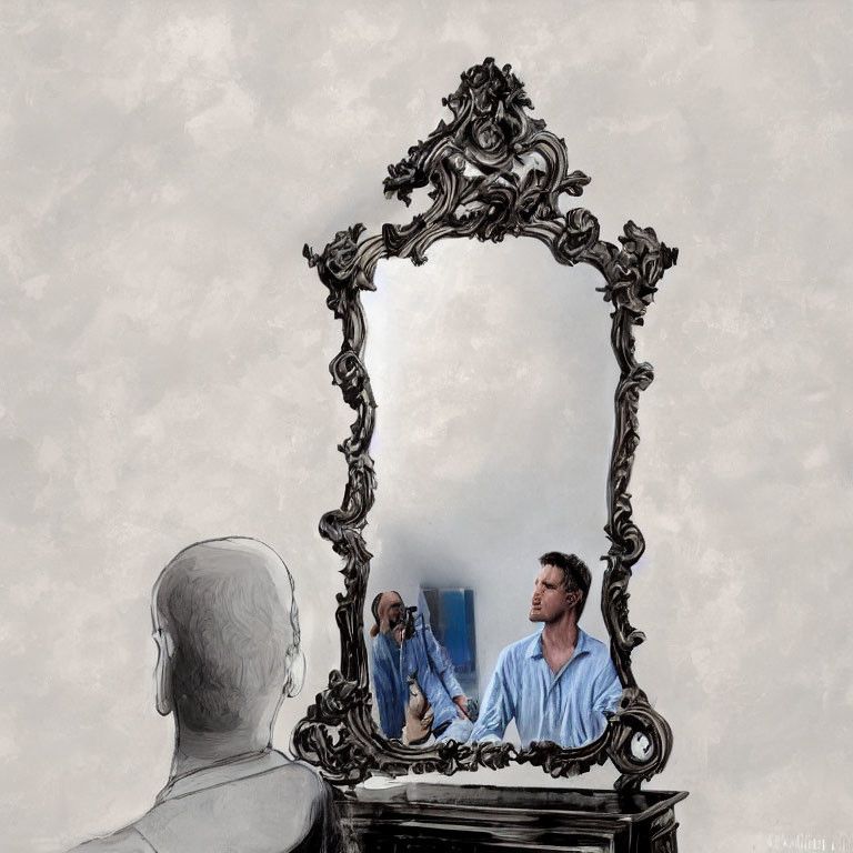Bald person's reflection with hair drawn in ornate mirror frame