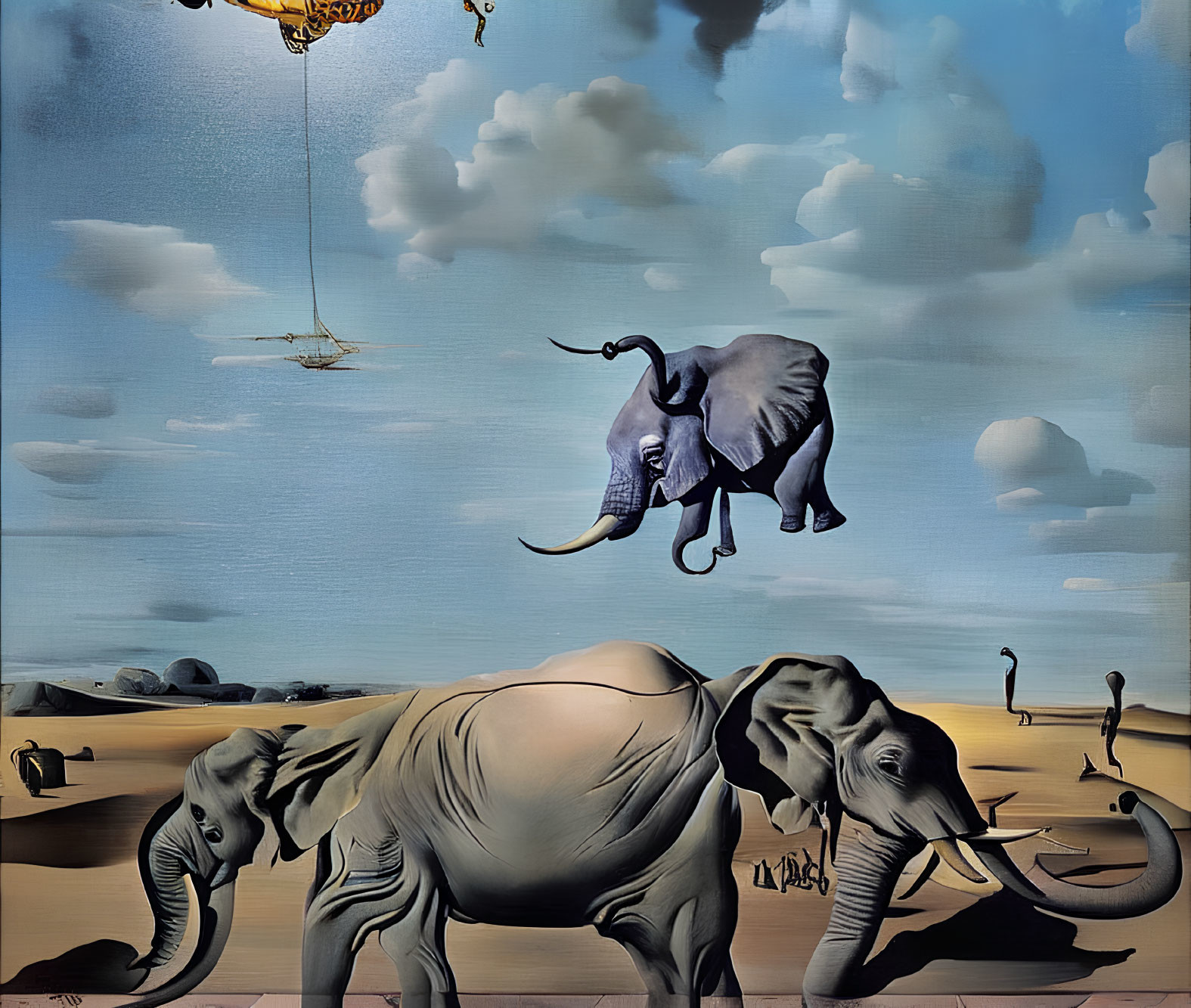 Surreal painting of floating and grounded elephants under cloudy sky
