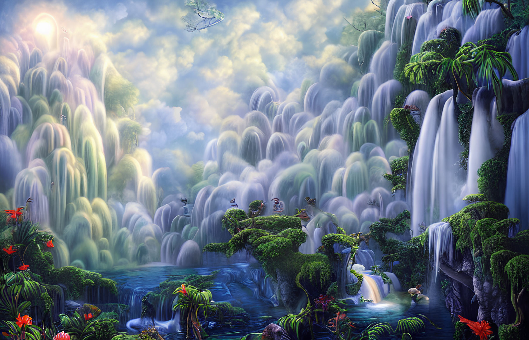 Mystical waterfall landscape with lush vegetation, animals, and glowing sunlight