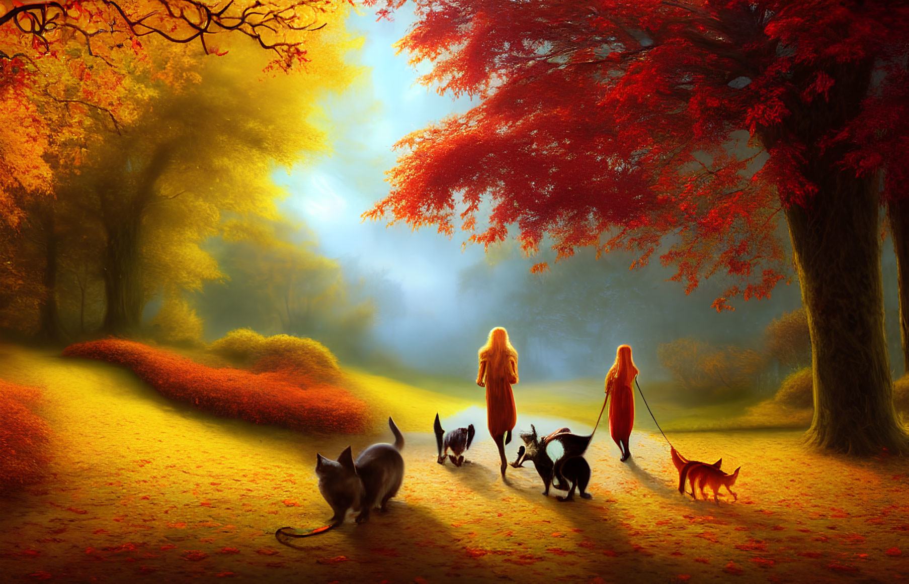 Autumn forest path with two people and cats under soft light