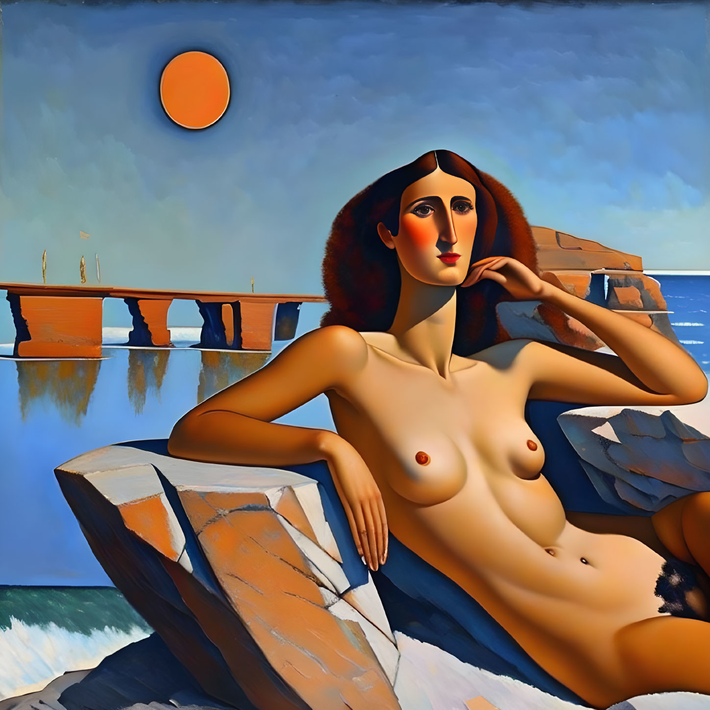 Stylized nude woman reclining by the sea with angular shadows and vivid blue sky