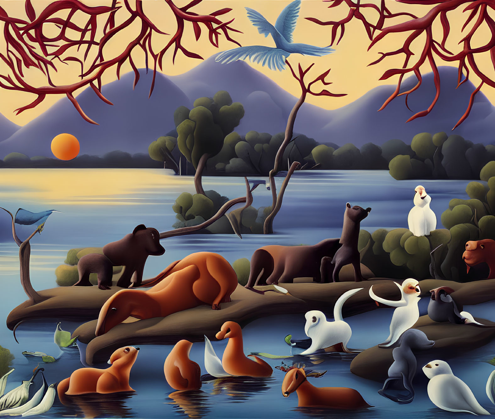 Stylized painting of animals by lake at sunset