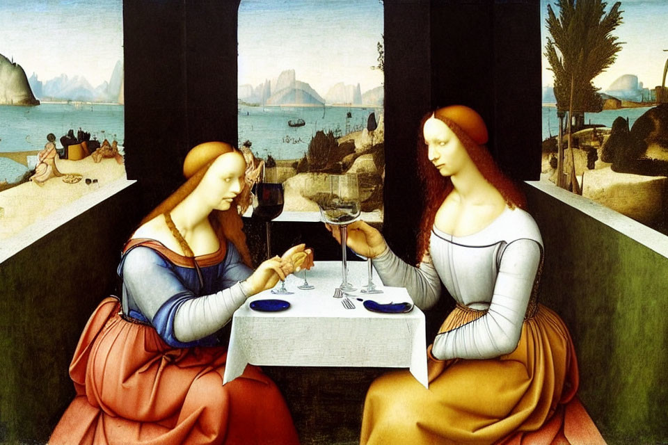 Two Women Sharing Wine at Table in Serene Landscape