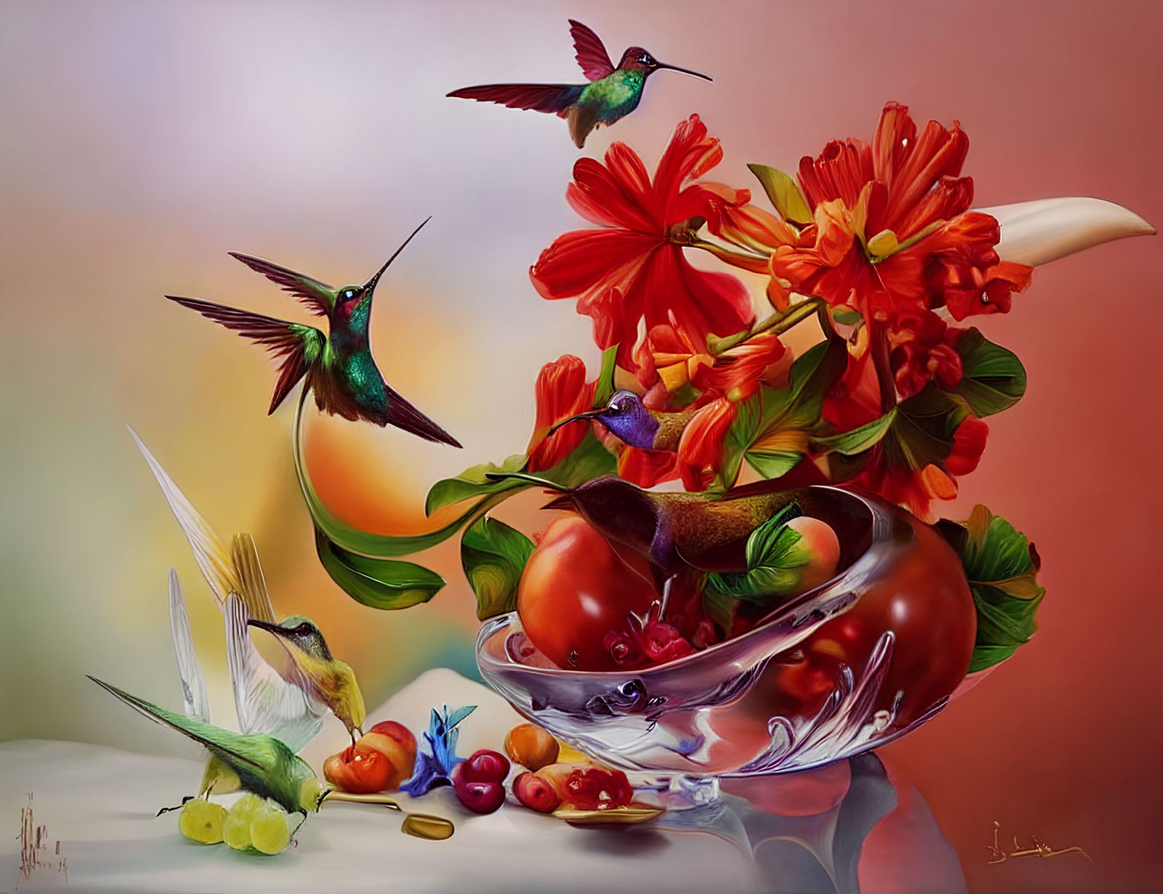 Colorful Still Life with Hummingbirds, Glass Bowl, Cherries, and Red Flowers