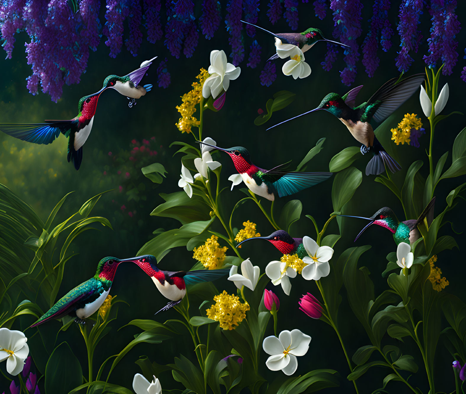 Vibrant hummingbirds among multicolored flowers on dark foliage background