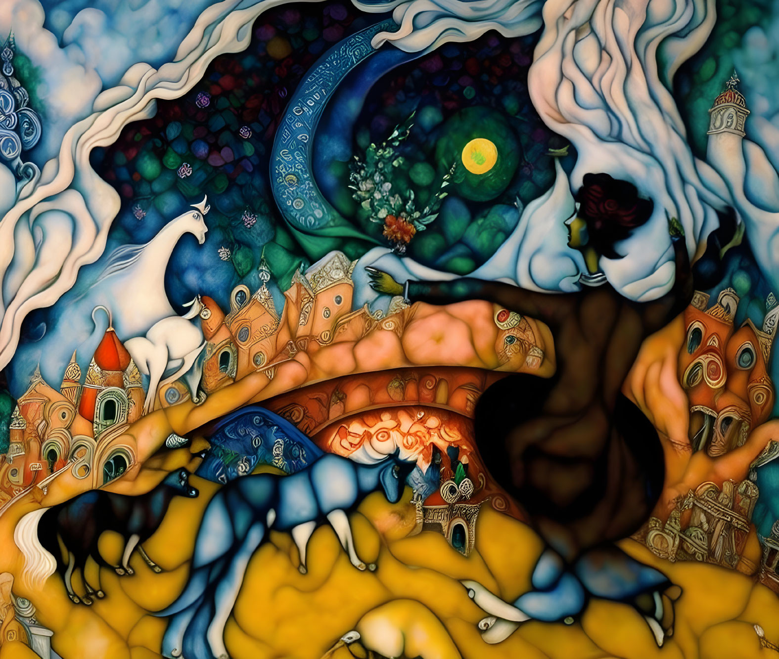 Colorful painting with woman silhouette, cats, moonlit sky, clouds, and whimsical buildings.