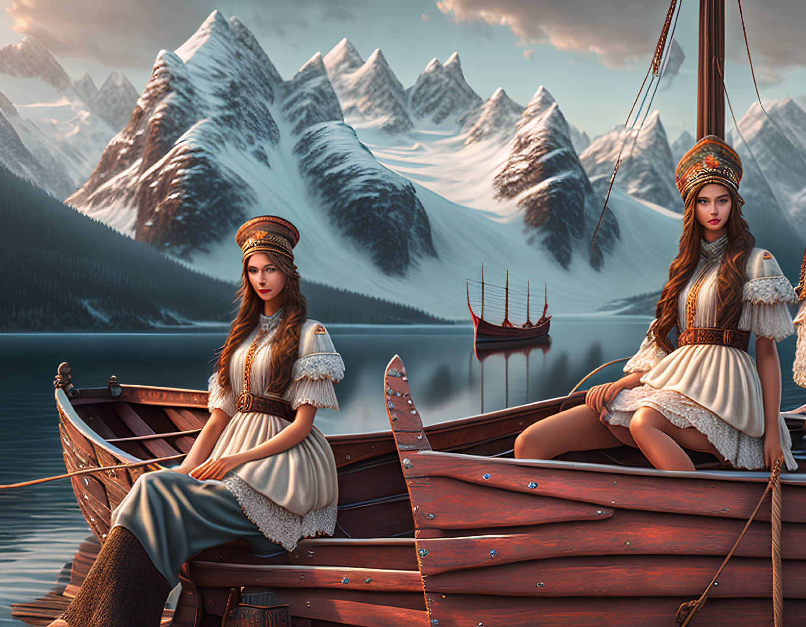 Two Women in Traditional Attire on Wooden Boat Amid Snowy Mountains