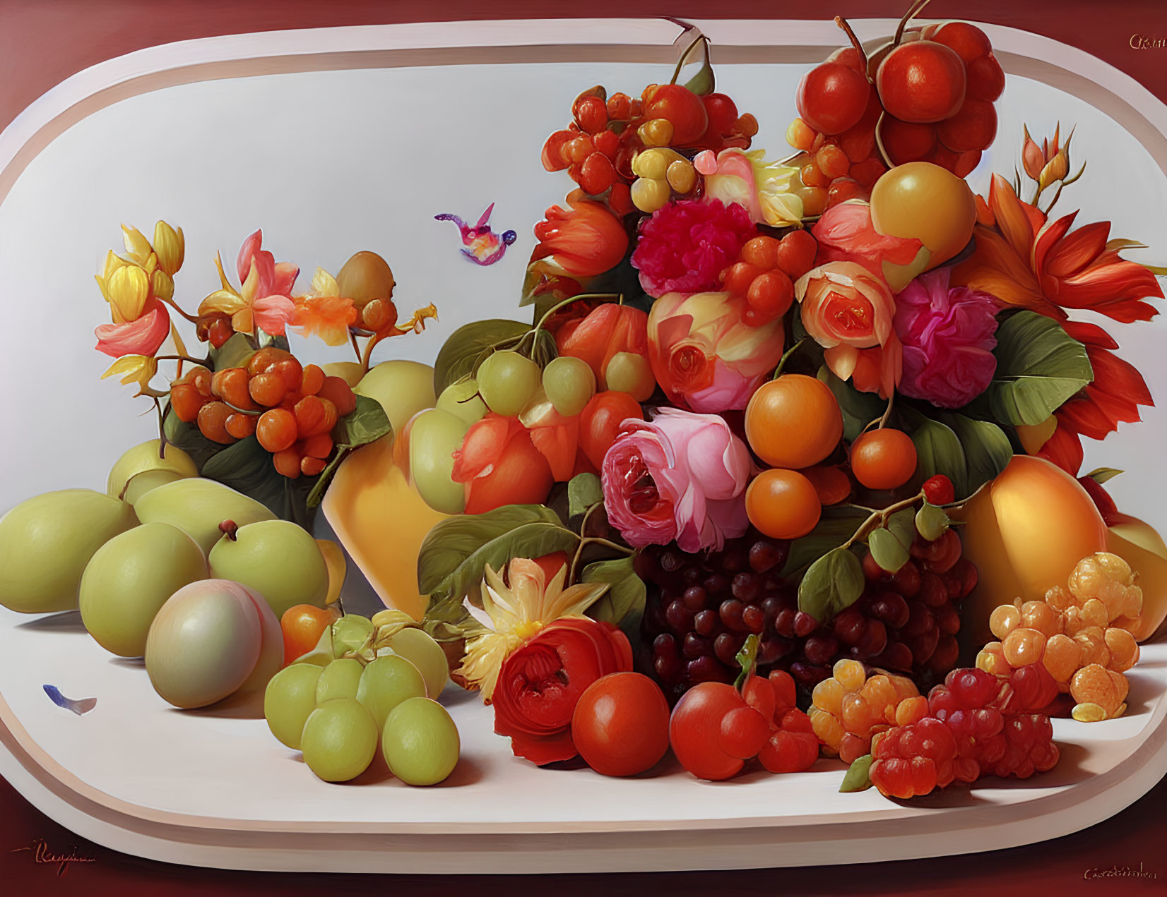 Colorful fruits and flowers still life with butterfly in vibrant painting