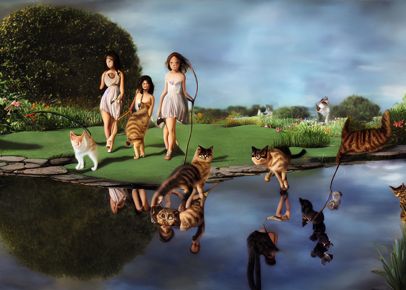 Girls walking on stone path near pond with cats, greenery, flowers, and reflections under blue sky