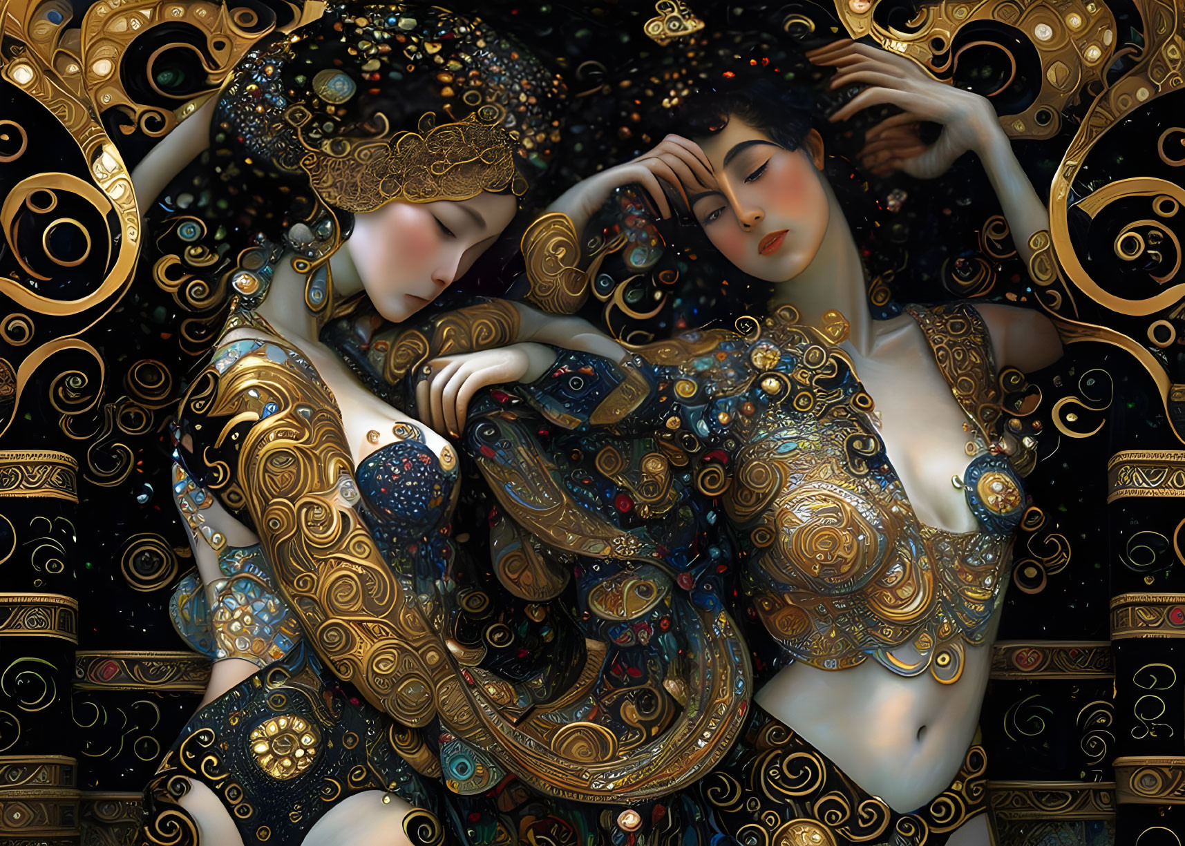 Stylized ornate female figures in gold-patterned clothing against intricate background