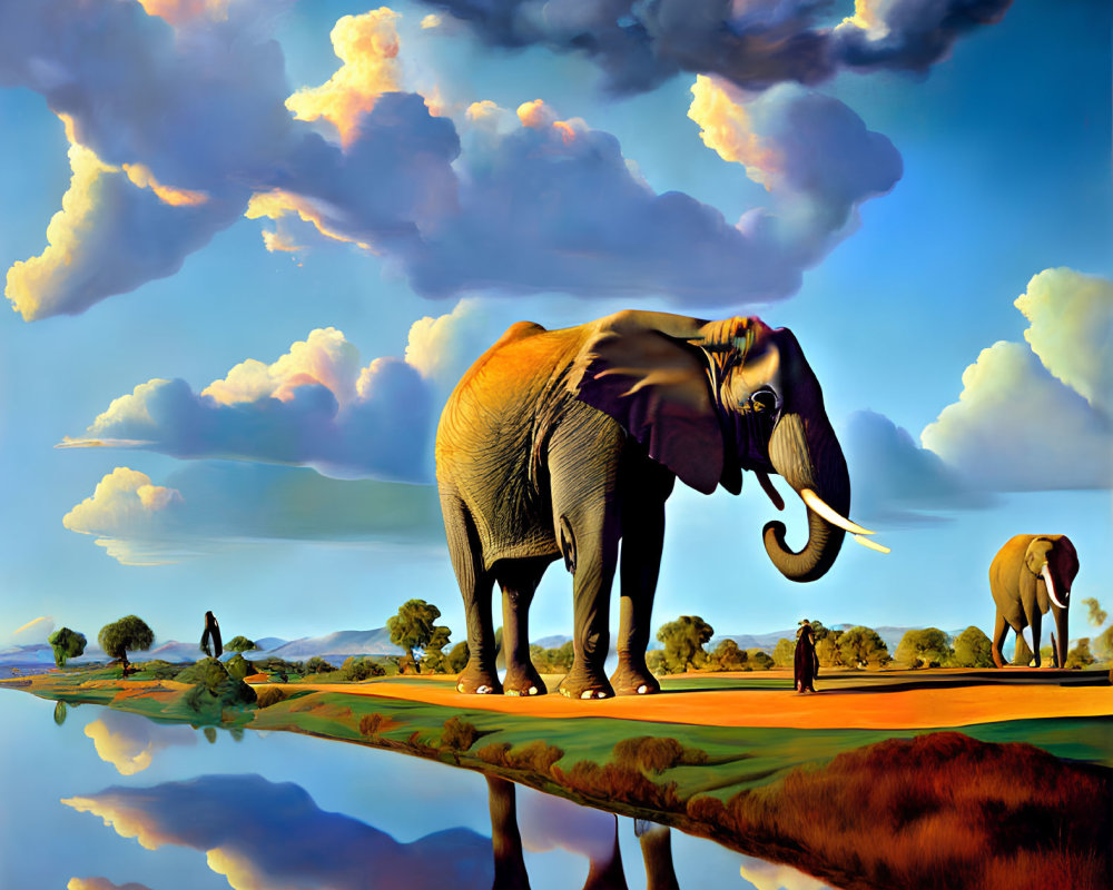 Surreal oversized elephant in savanna landscape with reflective water