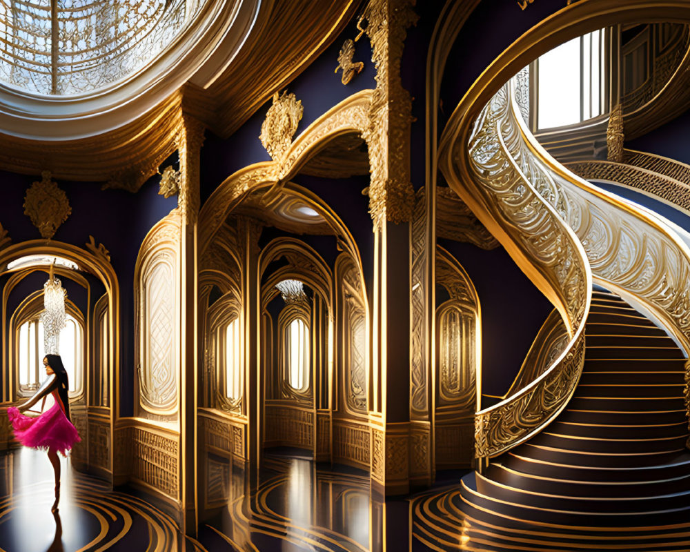 Luxurious interior with grand spiral staircase, gold details, arches, and person in pink dress.