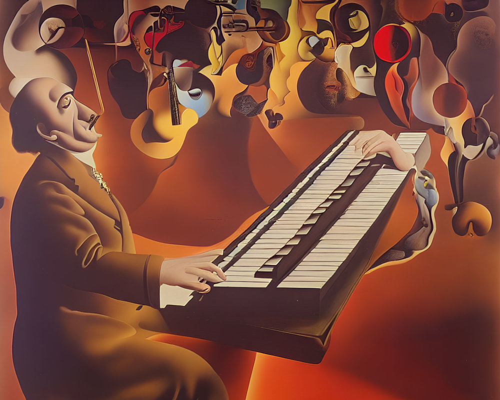 Surreal painting of figure playing piano with abstract forms and musical instruments in warm-toned backdrop