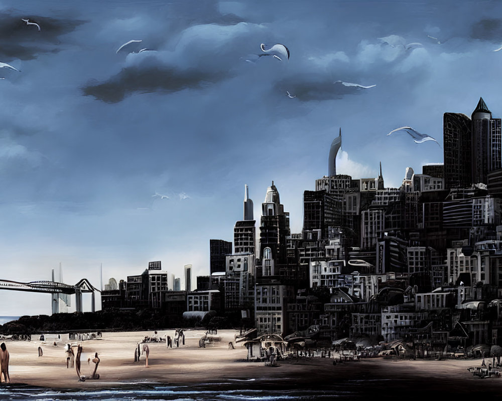 Cityscape with dark tones contrasted by sunlit beach, soaring birds, skyscrapers, and