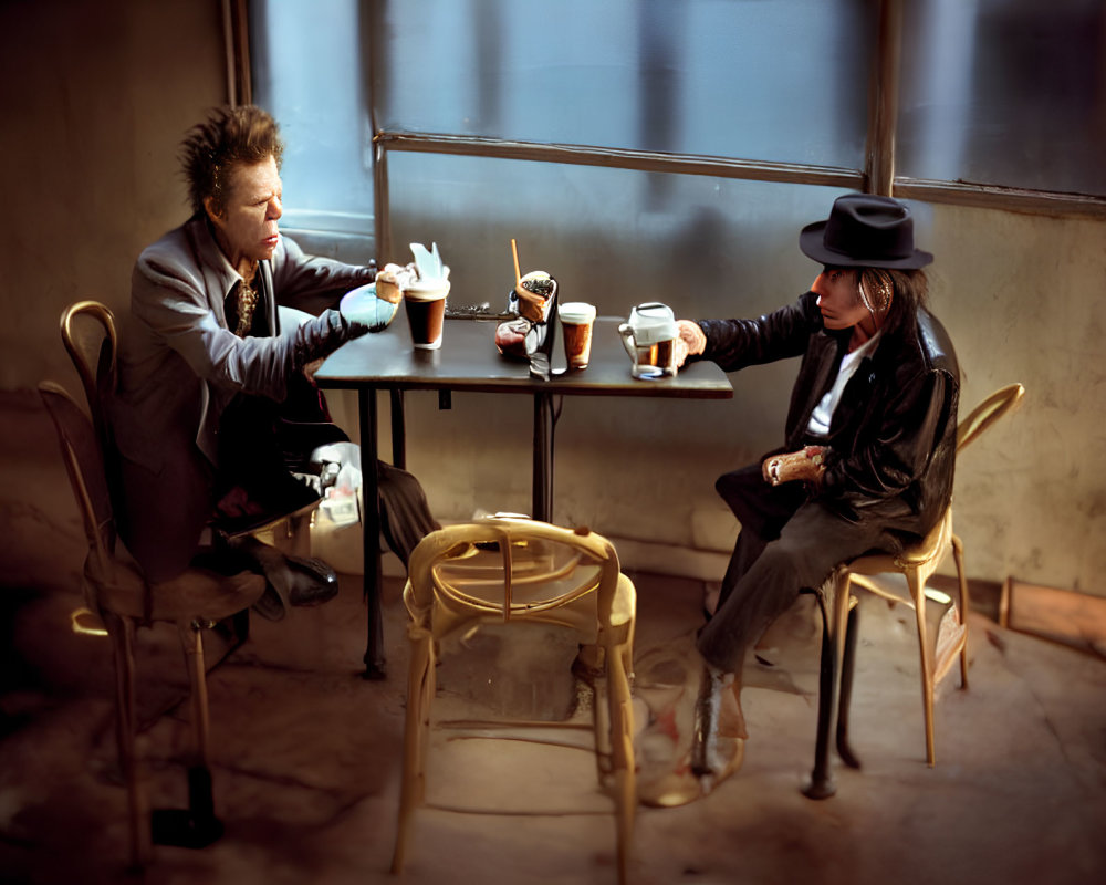Two people conversing at a table with coffee cups in a warmly lit room.