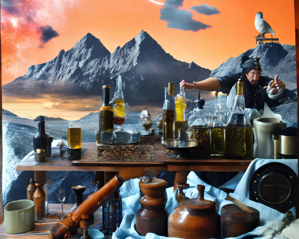 Person mixing chemicals in alchemist's laboratory with mountainous backdrop and surreal orange sky