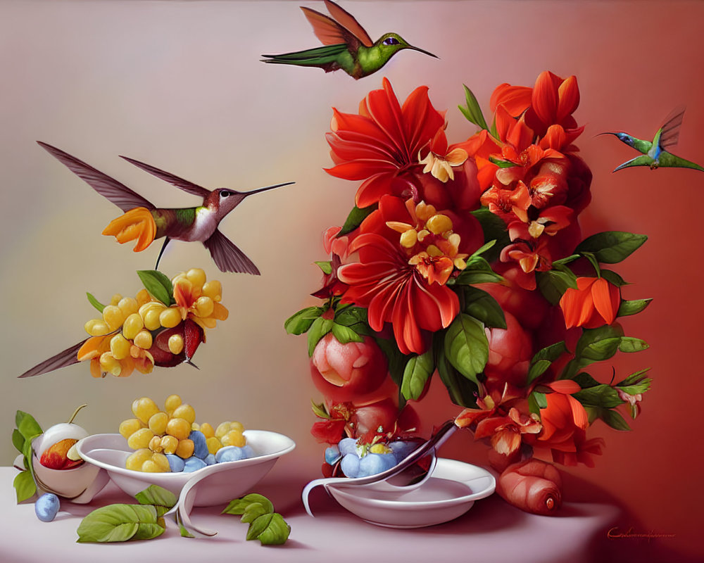Colorful Still Life with Red Flowers, Grapes, Cherries, and Hummingbirds