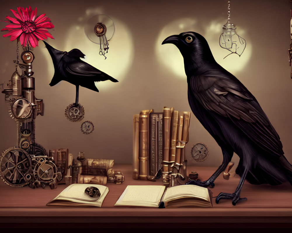 Raven with red flower, book, clocks, and steampunk gears on desk