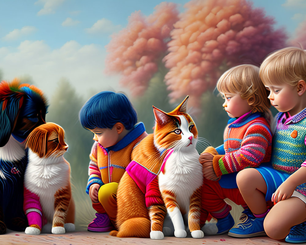 Two Children, Two Dogs, Cat, Colorful Clouds: Peaceful Scene