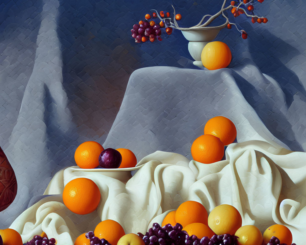 Classic still life painting with fruits on blue background.