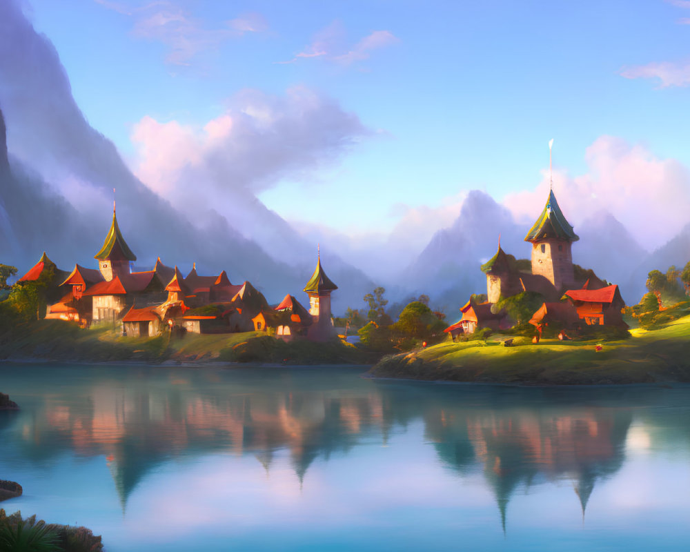 Traditional village by calm lake at sunrise surrounded by hills