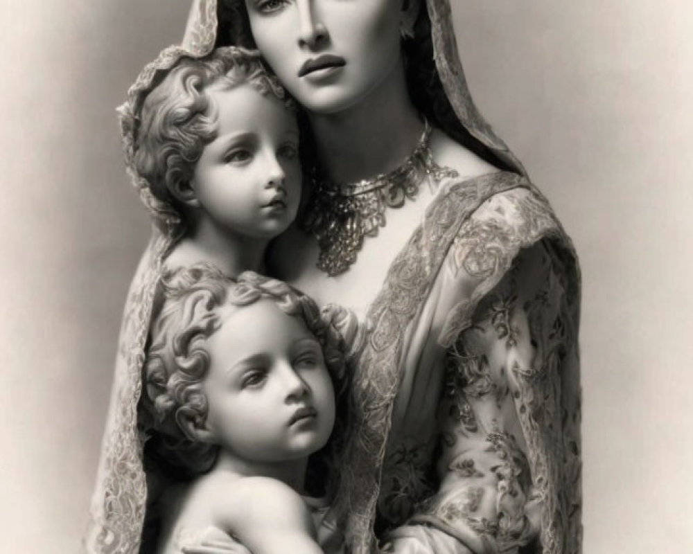 Monochrome image of regal woman, children with curly hair in classical style