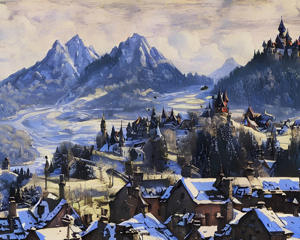 Snow-covered village with castle and mountains in winter landscape