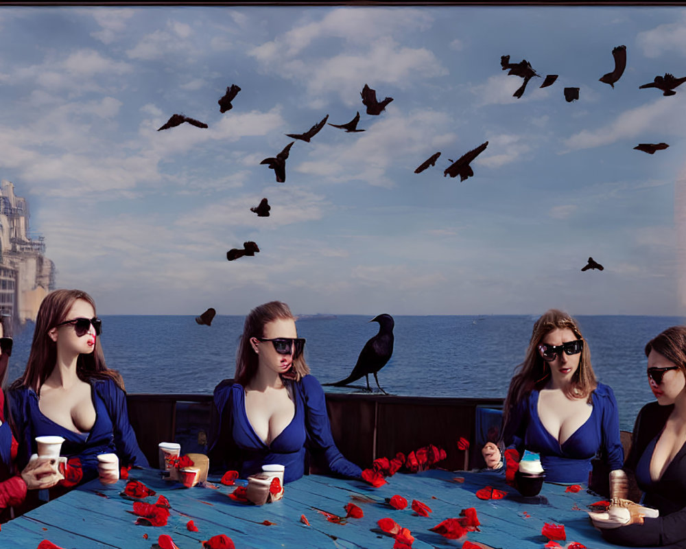 Five women with sunglasses at blue table by the sea with birds and a crow, surrounded by rose petals