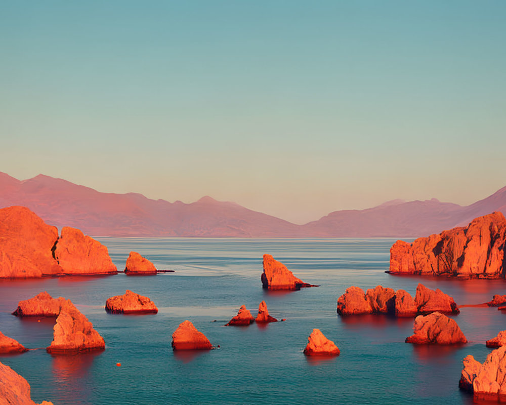 Golden hour seascape with orange light on rocky formations and calm waters.