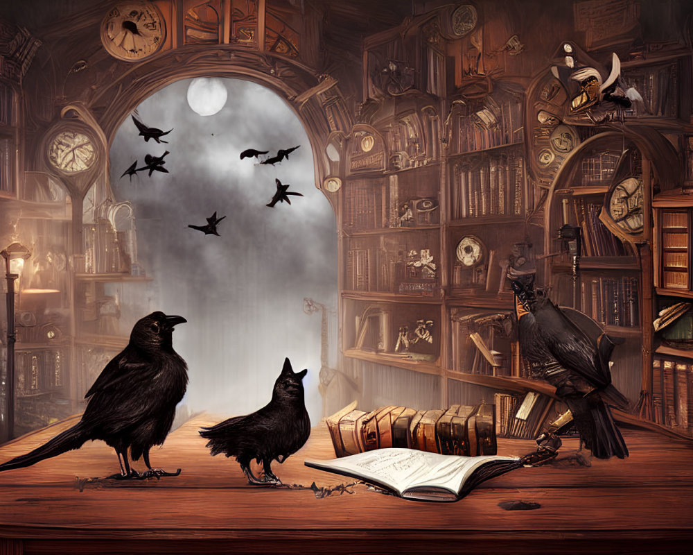 Study room with mystical portal, crows, vintage books, inkwell, feathered pen, antique