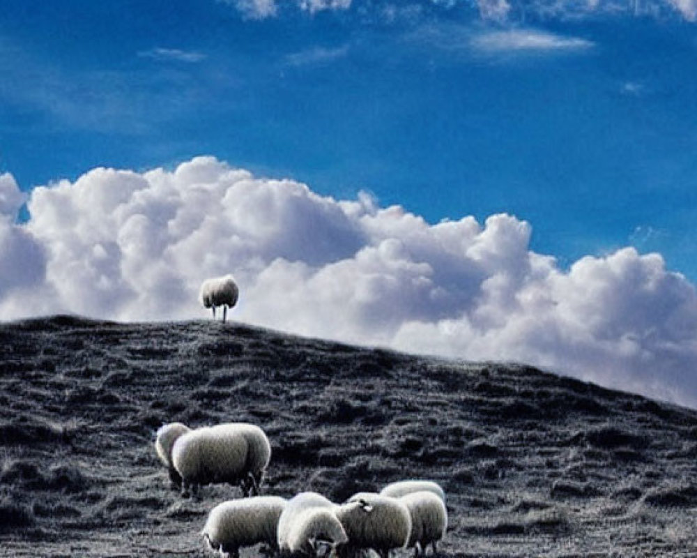 Panoramic view: Sheep grazing on hilly terrain under dramatic sky