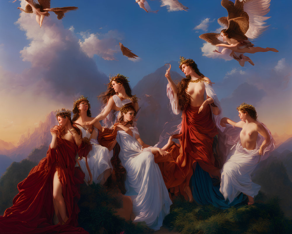 Classical painting of nine muses in flowing robes with mountainous backdrop and birds in flight.