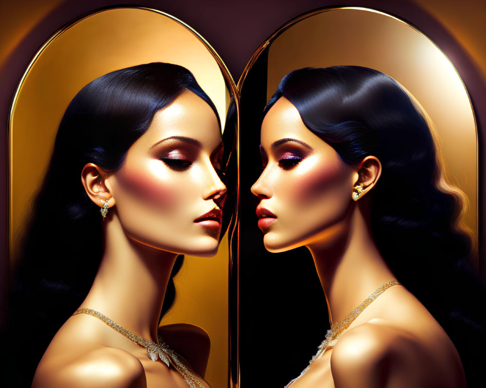 Two women with dark hair in elegant attire reflected in golden-framed mirror