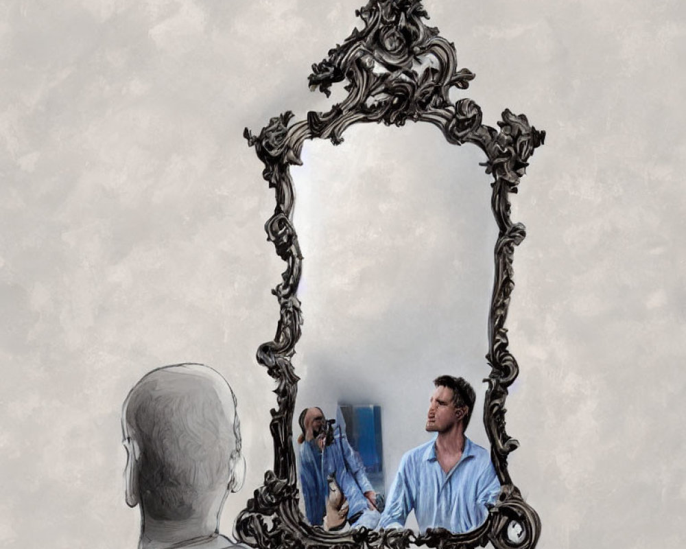 Bald person's reflection with hair drawn in ornate mirror frame