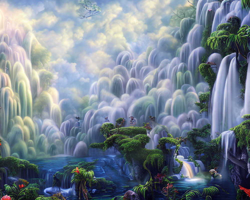 Mystical waterfall landscape with lush vegetation, animals, and glowing sunlight