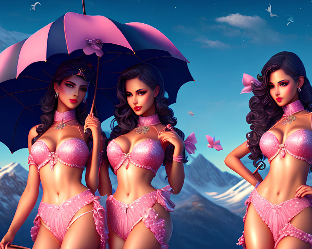 Three animated characters in pink outfits with umbrellas against mountain backdrop