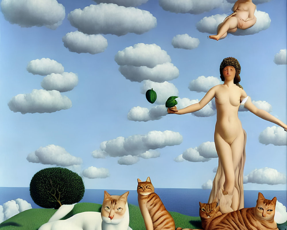 Surreal painting of nude woman with green bird, cats, and cherub
