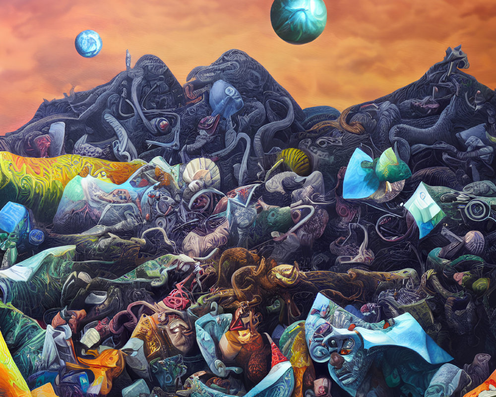 Vibrant surreal painting: discarded items pile under dual moons