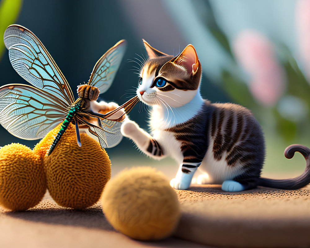 Whimsical digital artwork of kitten with butterfly on sunny backdrop