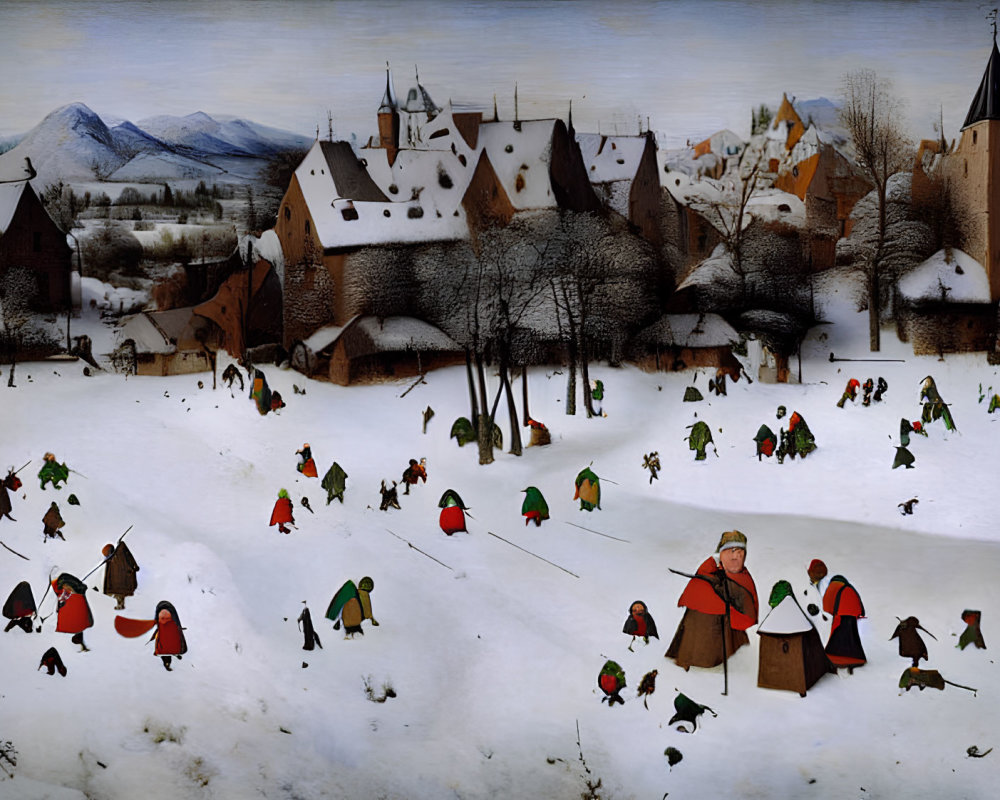 Snow-covered village scene with people sledding, playing, and gathering wood