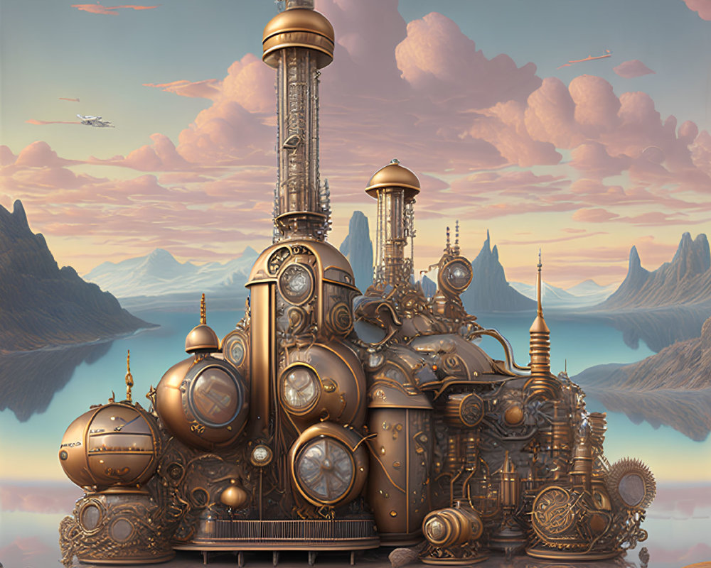 Steampunk city with bronze towers and pink sky.