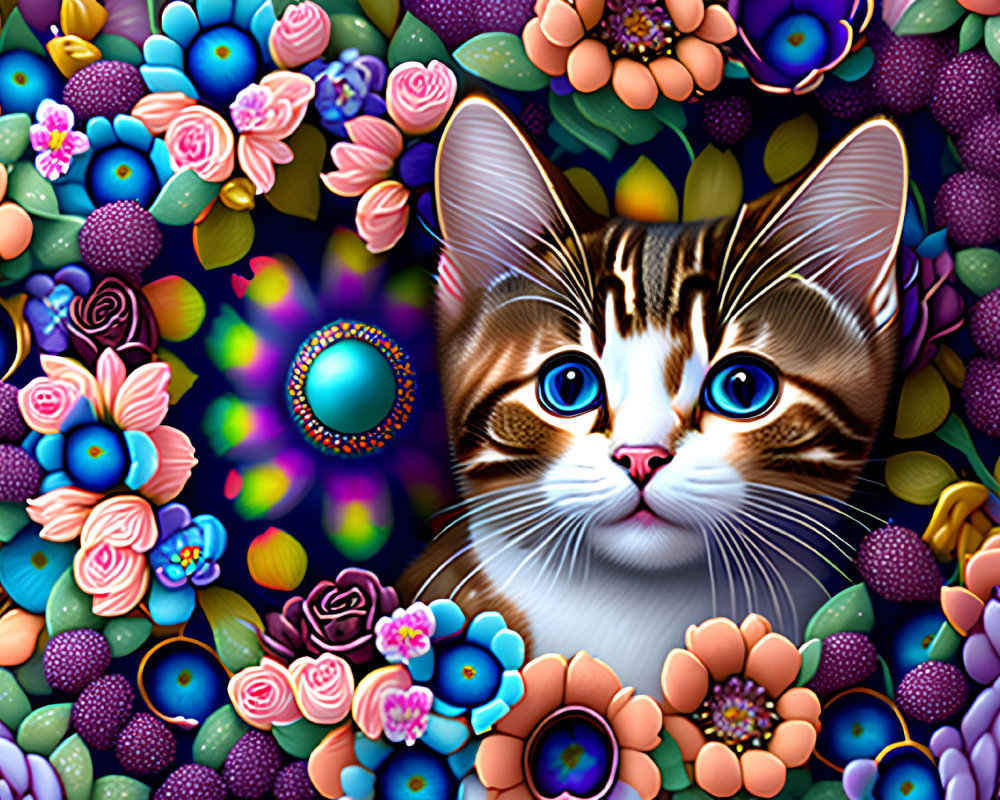 Vibrant wide-eyed kitten surrounded by colorful flowers and patterns
