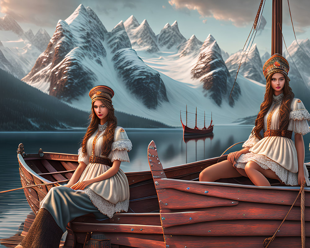 Two Women in Traditional Attire on Wooden Boat Amid Snowy Mountains