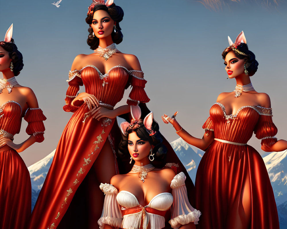 Stylized women in vintage red and white dresses with rabbit ear headpieces against mountain backdrop