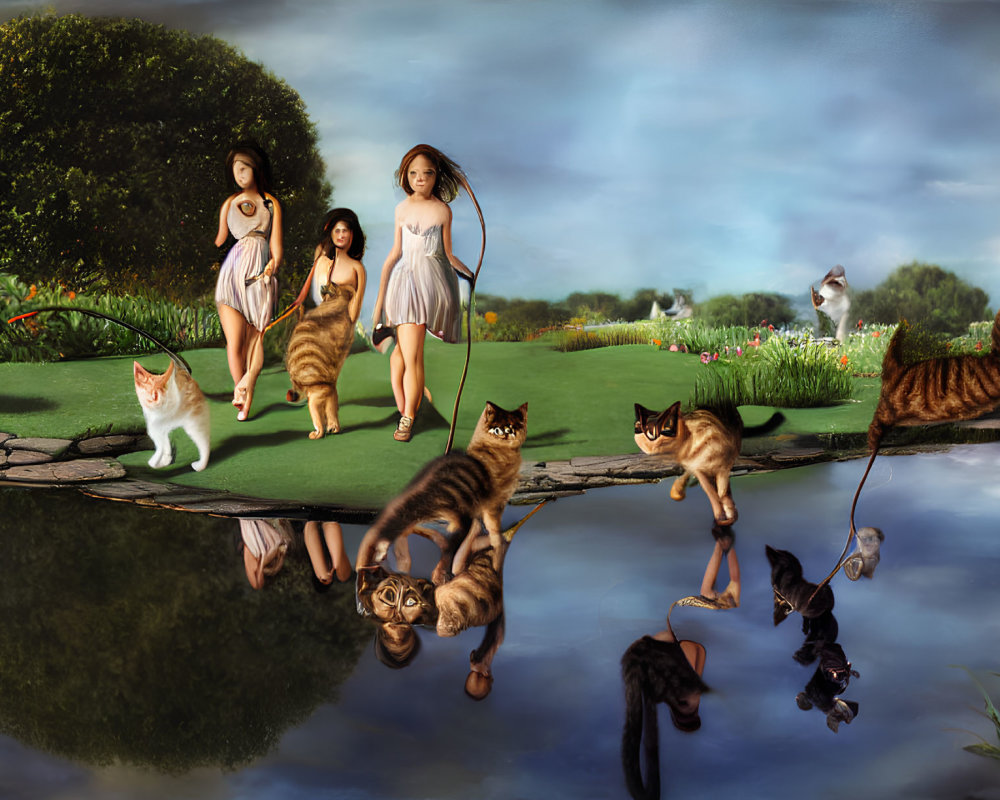 Girls walking on stone path near pond with cats, greenery, flowers, and reflections under blue sky