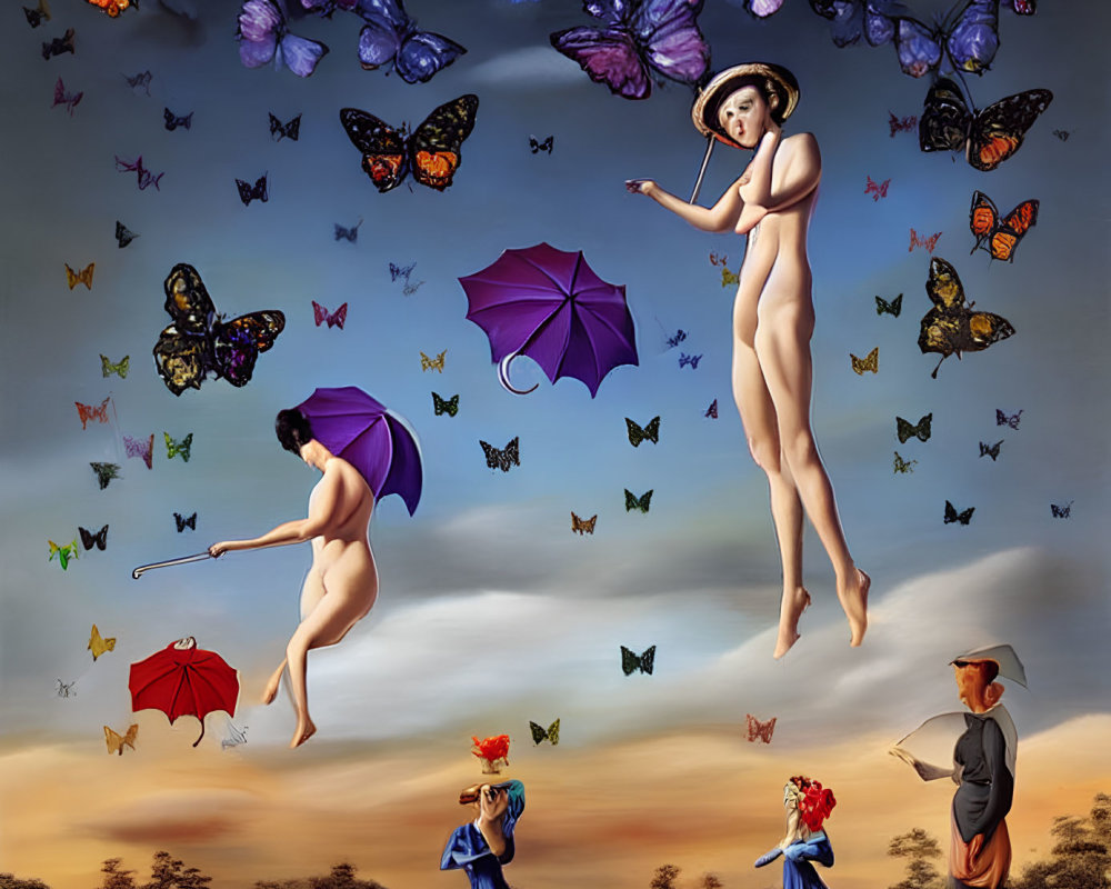 Surreal painting with floating nude figures and flower-headed individuals