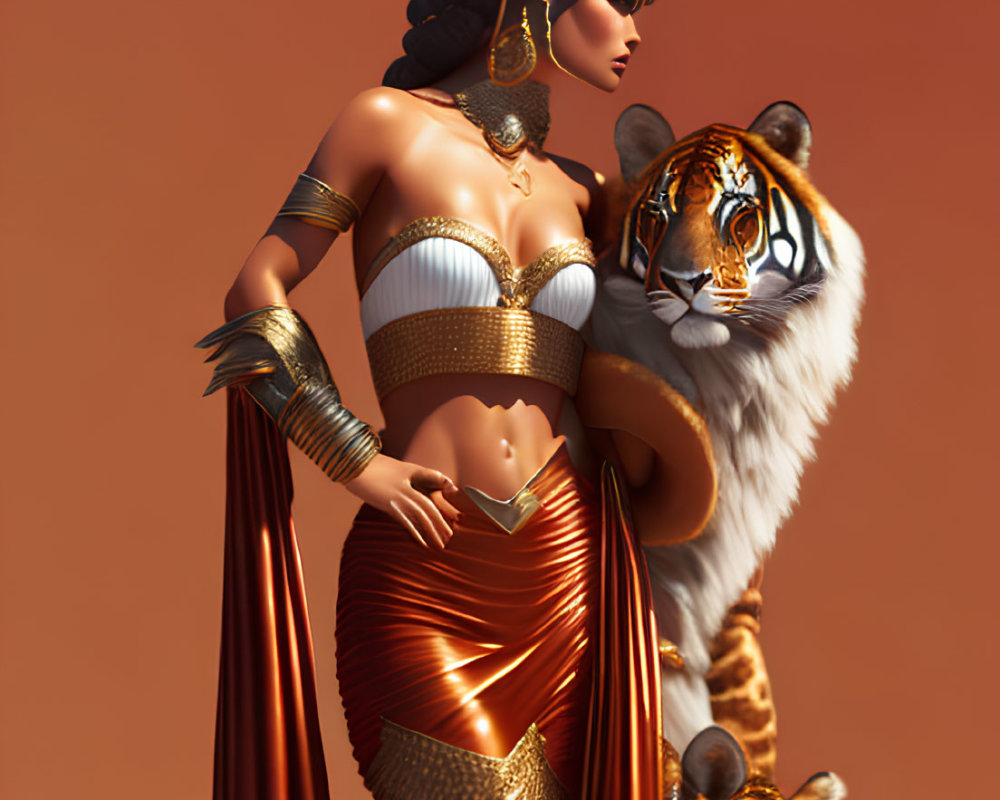 Regal woman in golden armor with Egyptian headdress beside majestic tiger