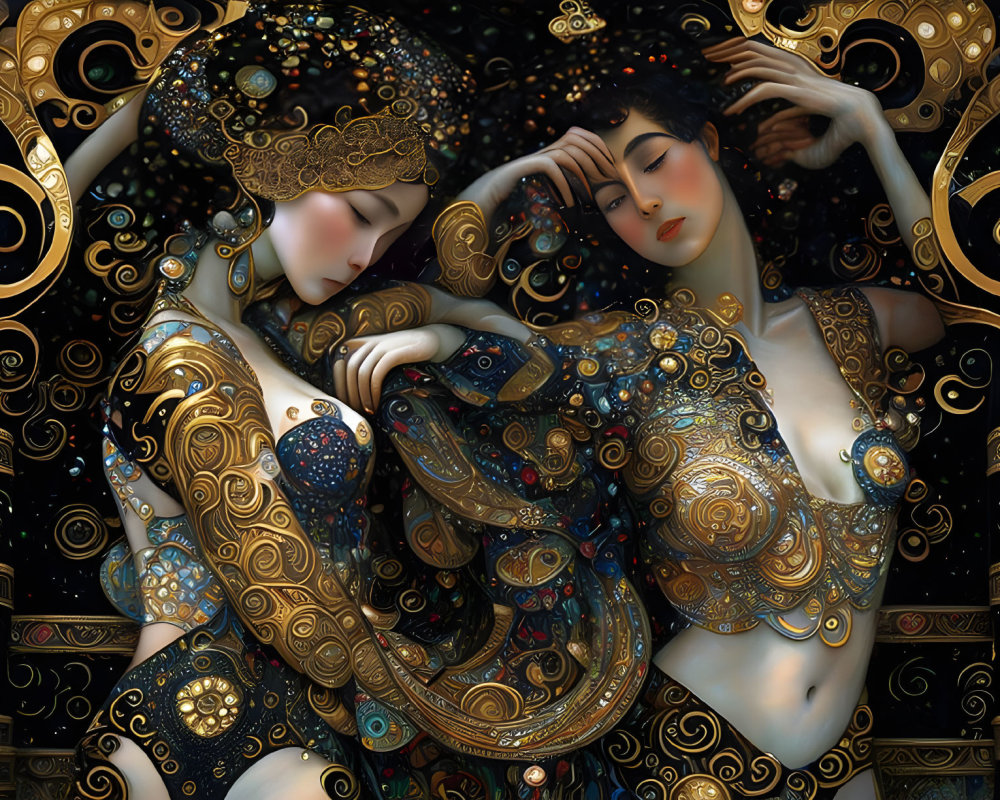 Stylized ornate female figures in gold-patterned clothing against intricate background