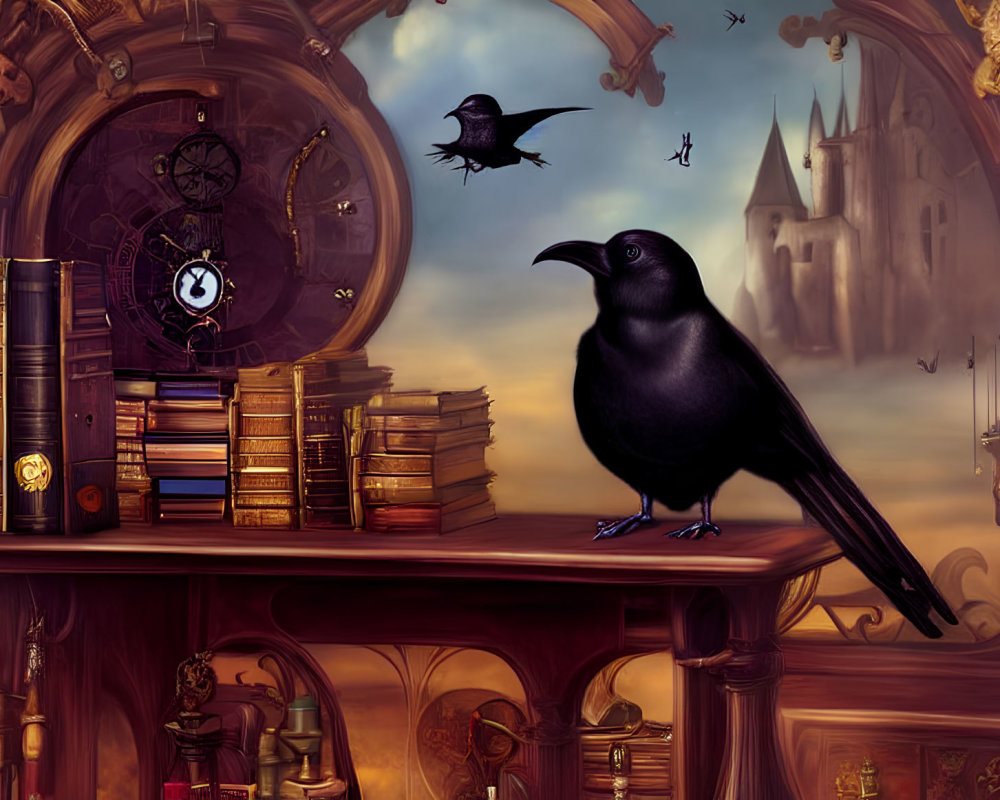 Raven on wooden table with books, clock, gears, twilight sky, castle