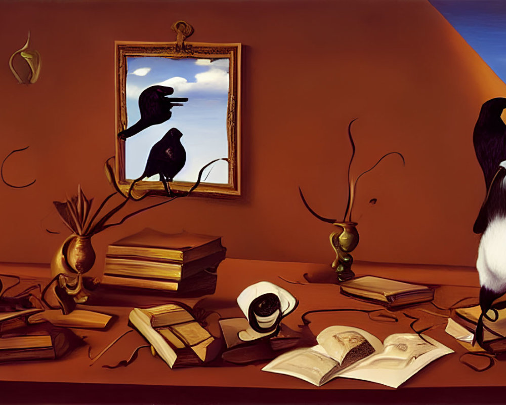 Surrealistic room with crows, books, feather, fruit bouquet, and outdoor views.